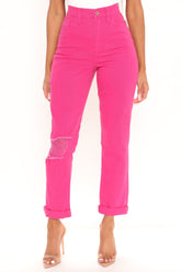 Just A Hint Ultra High Rise Roll Cuff Slim Straight - Fuchsia Ins Street